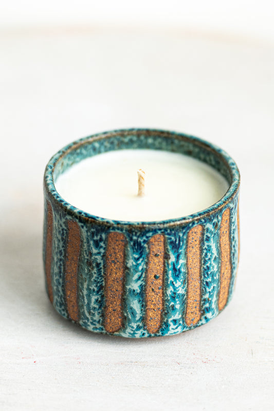 blue lines stoneware candle