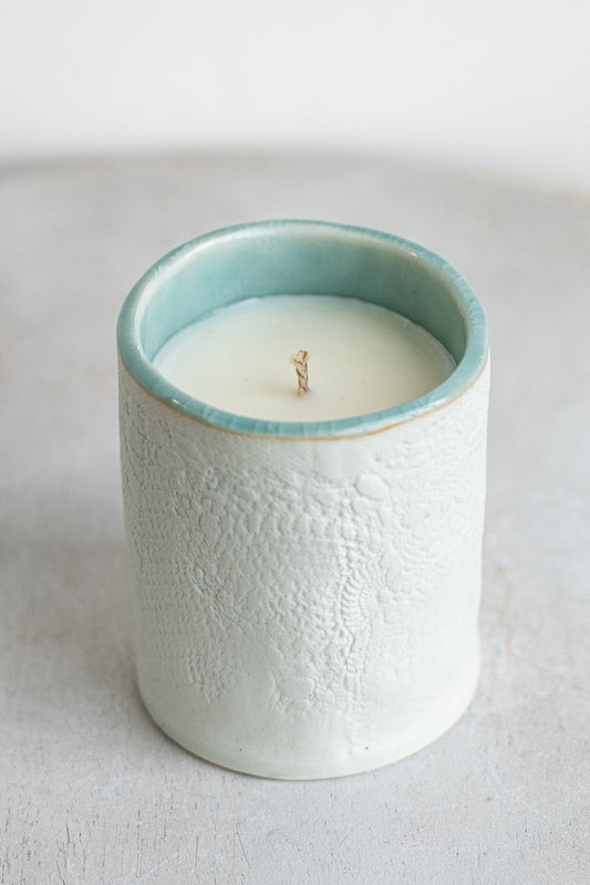 white lace exterior & robin's egg interior porcelain candle